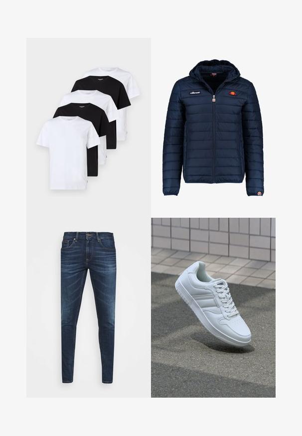 Jachetă puffer de culoare bleumarin, cu glugă, închidere cu fermoar, cusături în canale și detalii cu logo pe piept și pe mânecă. Material moale, texturat.; Cinci tricouri cu mânecă scurtă expuse: două albe, trei negre. Fiecare este realizat din bumbac, cu guler rotund și croială obișnuită.; Jeans din denim de culoare albastră închisă, cu o croială slim, ușor decolorate, cinci buzunare și închidere cu buton metalic. Detalii cusute în culori contrastante.; Adidași albi pentru sport cu superior din piele netedă, sistem de șireturi în față, vârf perforat și talpă cu model. Design minimalist cu trei dungi laterale.