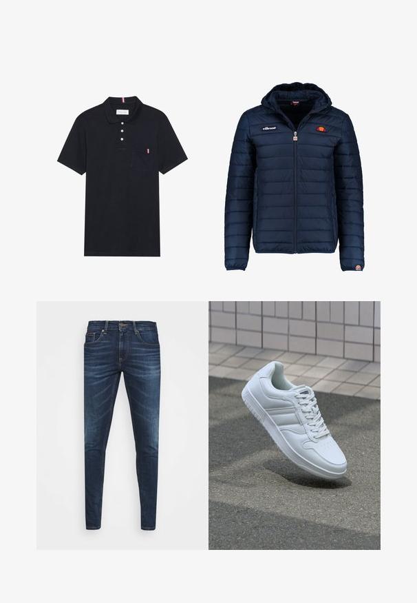 Veste matelassée bleu marine avec capuche, fermeture zippée, coutures en canaux et accents de logo sur la poitrine et la manche. Tissu doux et texturé.; Polo shirt noir en tissu texturé, avec une patte de boutonnage à trois boutons, des manches courtes et une petite poche avec un accent rouge, blanc et bleu.; Jean en denim bleu foncé avec une coupe slim, décoloration subtile, cinq poches et une fermeture à bouton en métal. Accents cousus dans une couleur contrastante.; Baskets blanches de sport avec une tige en cuir lisse, un laçage à l'avant, une pointe perforée et une semelle à motifs. Design minimaliste avec trois bandes latérales.