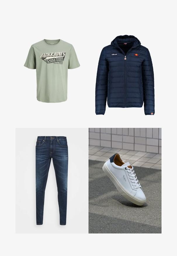 Tums zilā puffer jaka ar kapuci, rāvējslēdzēja aizdare, kanālu šuvēm un logotipa akcentiem uz krūtīm un piedurknēm. Mīksta, teksturēta auduma.; Gaisza zaļas kokvilnas t-krekls ar melnbaltu grafisko dizainu, kas ietver tekstu. Apaļš kakls, īsas piedurknes un taisns apakšmalas vīlējums.; Tumši zili džinsi ar šauru piegriezumu, ar vieglu izbalēšanu, piecām kabatām un metalizētu pogu aizdari. Šuvju akcenti kontrastējošā krāsā.; Baltas ādas čības ar tumši zilu papēdi, apaļu purngalu un kontrastējošām brūnām detaļām. Aprīkotas ar plakanu auklu un struktūrētu gumijas zoli.