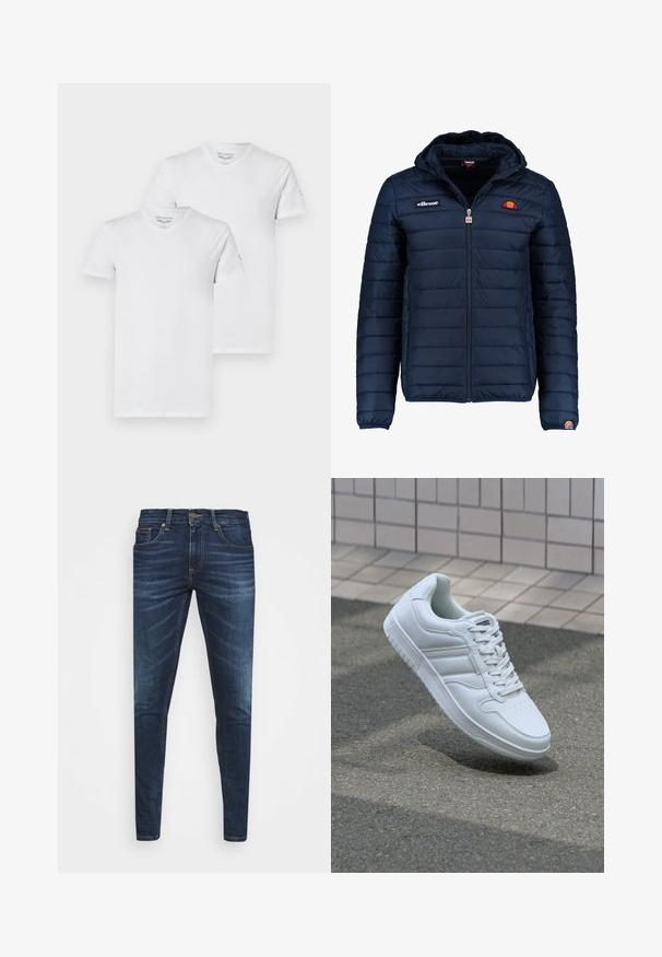 Mørkeblå puffjakke med hætte, lynlåslukning, kanalstyret syning og logo-detaljer på brystet og ærmet. Blødt, struktureret stof.; To hvide V-hals T-shirts lavet af bomuld, med korte ærmer og en afslappet pasform, med brandlogoet trykt på den ene ærme.; Mørkeblå denim jeans med slim fit, subtil falming, fem lommer og metalknaplukning. Syede detaljer i kontrastfarve.; Hvide atletiske sneakers med glat læderoverdel, snørelukning foran, perforeret tå og mønstret sål. Minimalistisk design med tre sidelister.