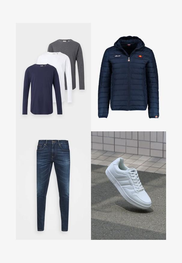 Dunkelblaue Daunenjacke mit Kapuze, Reißverschluss, Kastensteppnähten und Logo-Akzenten auf der Brust und dem Ärmel. Weicher, strukturierter Stoff.; Drei Langarm-T-Shirts in Marineblau, Weiß und Grau. Aus Baumwolle gefertigt, mit Rundhalsausschnitten und geraden Säumen.; Dunkelblaue Jeans im Slim Fit mit subtiler Verwaschung, fünf Taschen und einem Metallknopfverschluss. Genähte Akzente in kontrastierender Farbe.; Weiße sportliche Sneaker mit Obermaterial aus glattem Leder, Schnürfront, durchlöchtem Zehenbereich und gemusterter Sohle. Minimalistisches Design mit drei Seitenstreifen.