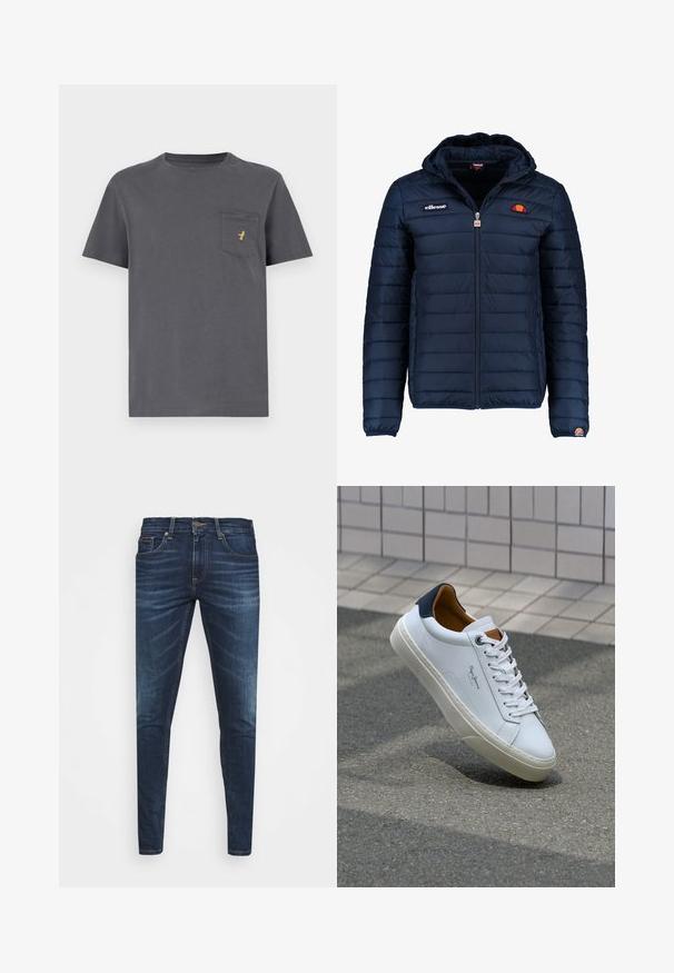 Tumedat sinised puffer jakk kapuutsiga, lukuga suletav, kanalite õmblustega ning logo aktsentidega rinnal ja varrukal. Pehme, tekstuuriga kangas.; Hallhallane puuvillane T-särk lühikeste varrukatega, ümar kaelus ja tasku, millel on vasakul küljel väike kuldne logo. Sile kangakombinatsioon.; Tumedat sinised teksad kitsas lõikes, kerge kulumisega, viie taskuga ja metallnööbiga sulgemine. Õmmeldud aktsendid kontrastsetes värvides.; Valge nahast tennis, millel on tumesinine konts, ümmargune nina ja kontrastsed pruuni aktsendid. Omab lamepaelti ja tekstureeritud kummist tallat.