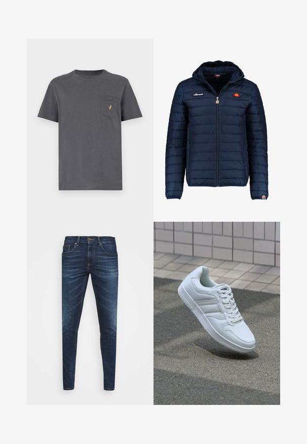Tumedat sinised puffer jakk kapuutsiga, lukuga suletav, kanalite õmblustega ning logo aktsentidega rinnal ja varrukal. Pehme, tekstuuriga kangas.; Hallhallane puuvillane T-särk lühikeste varrukatega, ümar kaelus ja tasku, millel on vasakul küljel väike kuldne logo. Sile kangakombinatsioon.; Tumedat sinised teksad kitsas lõikes, kerge kulumisega, viie taskuga ja metallnööbiga sulgemine. Õmmeldud aktsendid kontrastsetes värvides.; Valge spordijalanõud silederja nahkvarrega, ninast paeltega, perforatsiooni tõttu ventilatsiooniga ning mustrilise tallaga. Minimalistlik disain, millel on kolm külgmist triipu.