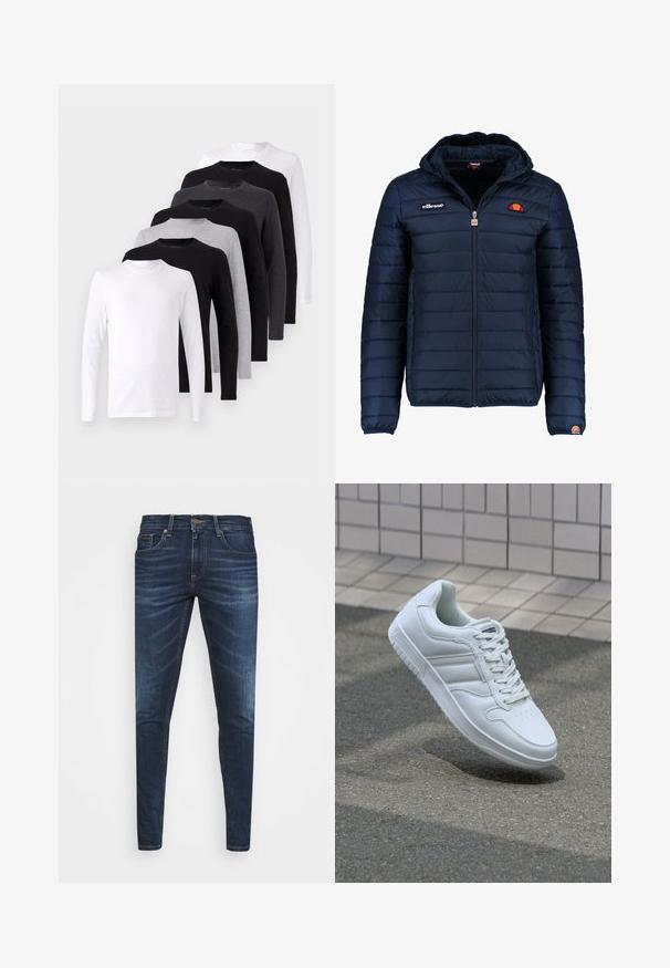 Tumedat sinised puffer jakk kapuutsiga, lukuga suletav, kanalite õmblustega ning logo aktsentidega rinnal ja varrukal. Pehme, tekstuuriga kangas.; Musteraid pikkade varrukatega T-särk, saadaval musta, valge ja halli värviga. Puuvillane materjal, ümmargune kaelus, sile tekstuur ilma mustrite või aktsentideta.; Tumedat sinised teksad kitsas lõikes, kerge kulumisega, viie taskuga ja metallnööbiga sulgemine. Õmmeldud aktsendid kontrastsetes värvides.; Valge spordijalanõud silederja nahkvarrega, ninast paeltega, perforatsiooni tõttu ventilatsiooniga ning mustrilise tallaga. Minimalistlik disain, millel on kolm külgmist triipu.