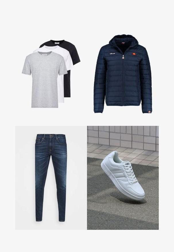 Tums zilā puffer jaka ar kapuci, rāvējslēdzēja aizdare, kanālu šuvēm un logotipa akcentiem uz krūtīm un piedurknēm. Mīksta, teksturēta auduma.; Trīs apaļo kakla T-krekli pelēkā, baltā un melnā krāsā, ar īsām piedurknēm, mīkstu tekstūru un taisna griezuma dizainu.; Tumši zili džinsi ar šauru piegriezumu, ar vieglu izbalēšanu, piecām kabatām un metalizētu pogu aizdari. Šuvju akcenti kontrastējošā krāsā.; Balti sporta apavi ar gludu ādas virsu, sasienamais priekšpuse, perforēts purngals un rakstaina zole. Minimālisma dizains ar trim sānu svītrām.