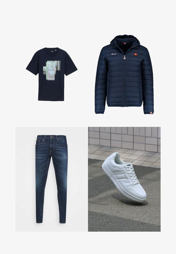 Tamsiai mėlynas pūkinis švarkas su gobtuvu, užtrauktuku, kanalų siuvimu ir logotipo akcentais krūtinėje bei rankovėje. Minkšta, tekstūruota medžiaga.; Tamsiai mėlynas medvilninis marškinėliai su sluoksniuota grafine dizainu, kuriame yra tekstas "PASPAUSK >>> ATNAUJINTI" ir prekės ženklo pavadinimas "TOM TAILOR" balta spalva. Trumpomis rankovėmis.; Tamsiai mėlynos džinsinės kelnės su liesu siluetu, subtiliu nusidėvėjimu, penkiomis kišenėmis ir metaliniu mygtuku užsegimui. Įsiūtos akcentai kontrastinga spalva.; Baltos sportinės kedai su lygaus odos viršumi, raišteliais priekyje, perforuotu kojų pirštu ir raštuotu padu. Minimalistinis dizainas su trimis šoninėmis juostelėmis.