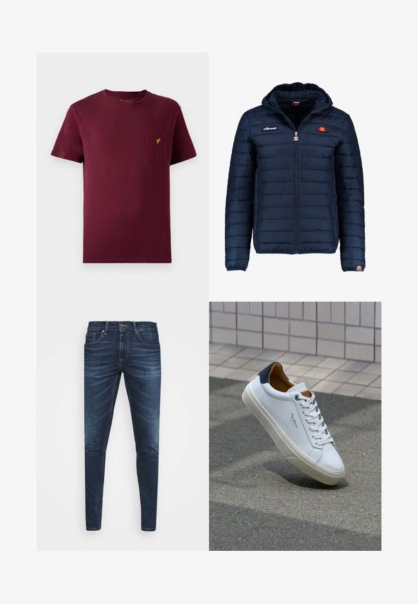 Tums zilā puffer jaka ar kapuci, rāvējslēdzēja aizdare, kanālu šuvēm un logotipa akcentiem uz krūtīm un piedurknēm. Mīksta, teksturēta auduma.; Burgundijas krāsas kokvilnas t-krekls ar īsām piedurknēm, apaļu dekoltē, priekšējo kabatiņu un mazu dzeltenu logotipu, kas izšūts uz kabatiņas.; Tumši zili džinsi ar šauru piegriezumu, ar vieglu izbalēšanu, piecām kabatām un metalizētu pogu aizdari. Šuvju akcenti kontrastējošā krāsā.; Baltas ādas čības ar tumši zilu papēdi, apaļu purngalu un kontrastējošām brūnām detaļām. Aprīkotas ar plakanu auklu un struktūrētu gumijas zoli.