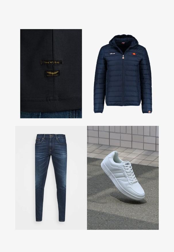 Temno modra napihnjena jakna s kapuco, z zadrgo, kanalnim šivom in logotipom na prsih in rokavu. Mehka, teksturirana tkanina.; Črna bombažna majica z gladko teksturo. Ima dve nalepki: "TIP NO: C-46" in "AMERIŠKA KLASIKA" v rumeni barvi na temni tkanini.; Temno modri kavbojke ozkega kroja, s subtilnim bledenjem, petimi žepi in kovinskim zapiranjem na gumb. Oštrikanje z akcenti v kontrastni barvi.; Bela atletska teniska obutev z gladkim usnjenim zgornjim delom, vezanjem spredaj, perforiranim prstom in vzorčastim podplatom. Minimalistična zasnova s tremi stranskimi črtami.