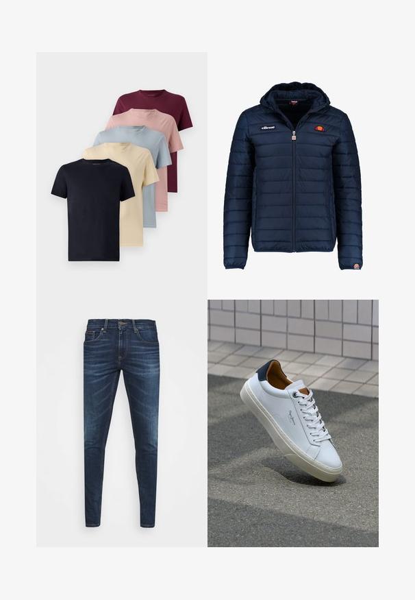 Tums zilā puffer jaka ar kapuci, rāvējslēdzēja aizdare, kanālu šuvēm un logotipa akcentiem uz krūtīm un piedurknēm. Mīksta, teksturēta auduma.; Piecas t-kreklus ar īsām piedurknēm rindā. Krāsas ietver tumši zilu, krēmveida, gaiši zilu, rozā un burgundijas sarkanu. Gluda auduma, ar apļveida kakla izgriezumu.; Tumši zili džinsi ar šauru piegriezumu, ar vieglu izbalēšanu, piecām kabatām un metalizētu pogu aizdari. Šuvju akcenti kontrastējošā krāsā.; Baltas ādas čības ar tumši zilu papēdi, apaļu purngalu un kontrastējošām brūnām detaļām. Aprīkotas ar plakanu auklu un struktūrētu gumijas zoli.