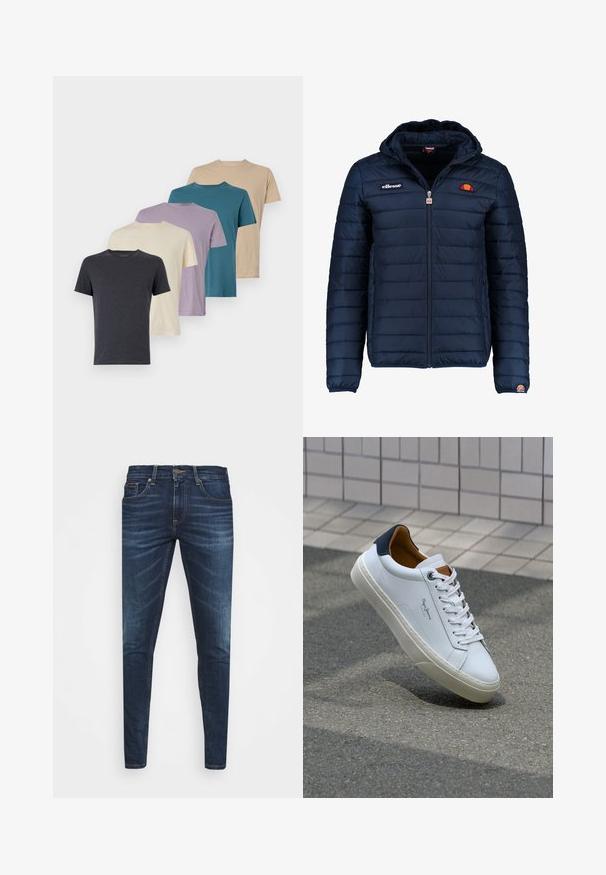 Námořnická modrá péřová bunda s kapucí, zipovým zapínáním, prošívaným vzorem a logem na hrudi a rukávu. Měkká, texturovaná látka.; Pět triček s krátkým rukávem v tmavě šedé, krémové, levandulové, tyrkysové a béžové barvě. Vyrobena z měkké tkaniny s kulatým výstřihem a klasickým střihem.; Tmavě modré džíny z denimu s úzkým střihem, jemným vyblednutím, pěti kapsami a kovovým zapínáním na knoflík. Šité akcenty v kontrastní barvě.; Bílé kožené tenisky s námořnickým podpatkem, kulatou špičkou a kontrastními hnědými detaily. Obsahují ploché tkaničky a texturovanou gumovou podrážku.