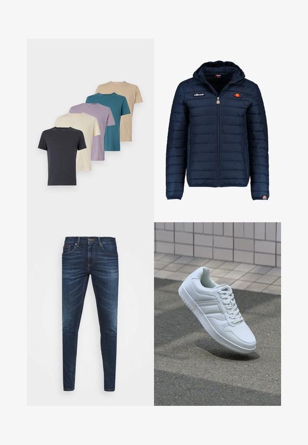 Marineblauwe gewatteerde jas met een capuchon, ritsluiting, kanalenstiksel en logoaccenten op de borst en mouw. Zachte, gestructureerde stof.; Vijf t-shirts met korte mouwen in donkergrijs, roomkleurig, lavendel, teal en beige. Gemaakt van zachte stof met een ronde hals en een standaard pasvorm.; Donkerblauwe denim jeans met een slim fit, subtiele vervaging, vijf zakken en een metalen knoopsluiting. Gestikte accenten in contrasterende kleur.; Witte sportsneaker met een glad leren bovenwerk, vetersluiting aan de voorkant, geperforeerde neus en een geprofileerde zool. Minimalistisch ontwerp met drie zijstrepen.
