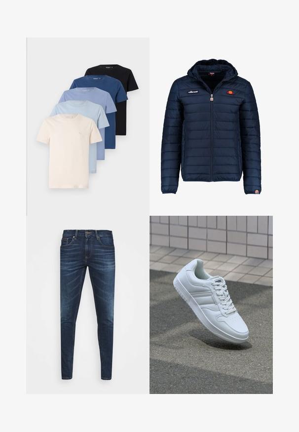 Jachetă puffer de culoare bleumarin, cu glugă, închidere cu fermoar, cusături în canale și detalii cu logo pe piept și pe mânecă. Material moale, texturat.; Colecție de cinci tricouri cu guler rotund în nuanțe de crem, albastru deschis, albastru închis și negru, fabricate din bumbac moale, având un design simplu.; Jeans din denim de culoare albastră închisă, cu o croială slim, ușor decolorate, cinci buzunare și închidere cu buton metalic. Detalii cusute în culori contrastante.; Adidași albi pentru sport cu superior din piele netedă, sistem de șireturi în față, vârf perforat și talpă cu model. Design minimalist cu trei dungi laterale.