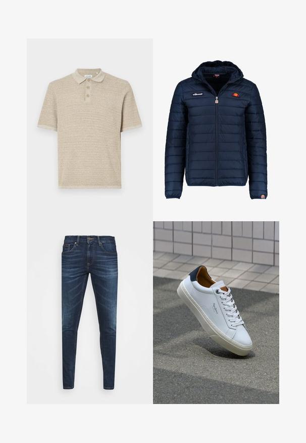 Dunkelblaue Daunenjacke mit Kapuze, Reißverschluss, Kastensteppnähten und Logo-Akzenten auf der Brust und dem Ärmel. Weicher, strukturierter Stoff.; Beige Polo-Shirt, kurze Ärmel, strukturierter Strickstoff, Drei-Knopf-Leiste, klassischer Kragen, dezentes Muster, lockere Passform.; Dunkelblaue Jeans im Slim Fit mit subtiler Verwaschung, fünf Taschen und einem Metallknopfverschluss. Genähte Akzente in kontrastierender Farbe.; Weiße Ledersneaker mit navyfarbenem Fersenbereich, runder Zehenpartie und kontrastierenden braunen Akzenten. Verfügt über flache Schnürsenkel und eine strukturierte Gummisohle.