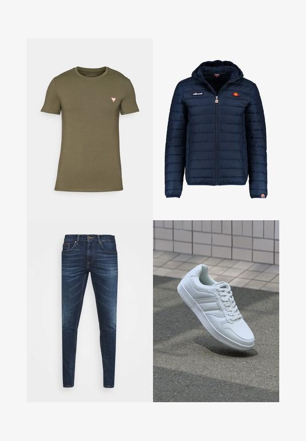 Granatowa kurtka puchowa z kapturem, zapinana na zamek, z przeszyciami w kształcie kanałów oraz akcentami loga na piersi i rękawie. Miękka, teksturowana tkanina.; Koszulka z krótkim rękawem w kolorze oliwkowym, wykonana z bawełny. Posiada okrągły dekolt oraz małe czerwone logo w kształcie trójkąta na lewej piersi. Gładka faktura.; Granatowe dżinsy o slim fit, delikatnym wyblaknięciu, pięciu kieszeniach i metalowym zapięciem. Haftowane akcenty w kontrastowym kolorze.; Białe sportowe trampki z gładkiej skóry, z zapięciem na sznurowadła, perforowanym noskiem i wzorzystą podeszwą. Minimalistyczny design z trzema paskami po bokach.