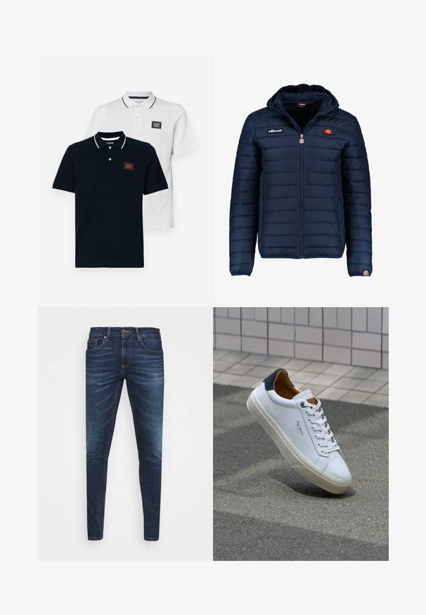 Mørkeblå puffjakke med hætte, lynlåslukning, kanalstyret syning og logo-detaljer på brystet og ærmet. Blødt, struktureret stof.; To polo shirts i navy og hvid, med korte ærmer, klassisk krave og kontrasterende stribede detaljer på kraven.; Mørkeblå denim jeans med slim fit, subtil falming, fem lommer og metalknaplukning. Syede detaljer i kontrastfarve.; Hvide lædersneakers med en marineblå hæl, rund tå og kontrasterende brune detaljer. Har flade snørebånd og en tekstureret gummisål.