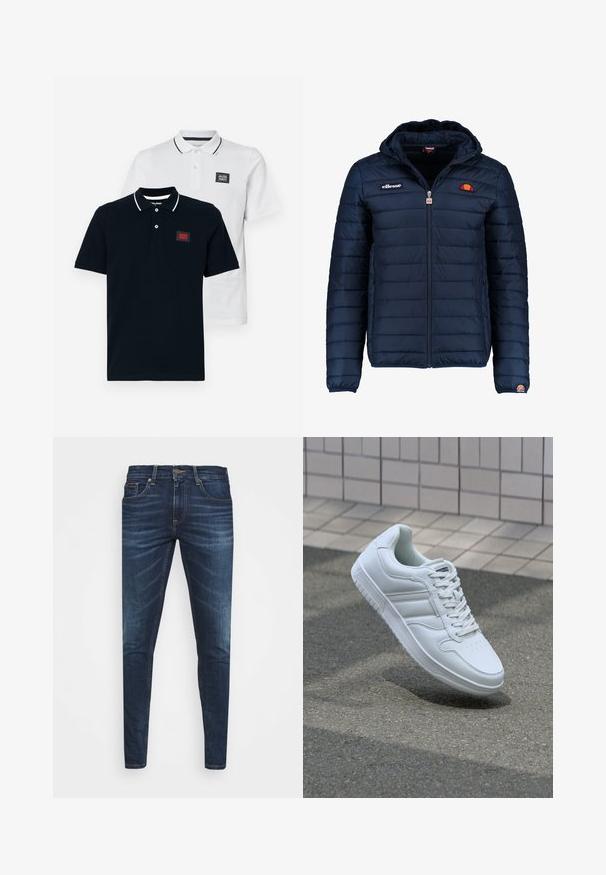 Mørkeblå puffjakke med hætte, lynlåslukning, kanalstyret syning og logo-detaljer på brystet og ærmet. Blødt, struktureret stof.; To polo shirts i navy og hvid, med korte ærmer, klassisk krave og kontrasterende stribede detaljer på kraven.; Mørkeblå denim jeans med slim fit, subtil falming, fem lommer og metalknaplukning. Syede detaljer i kontrastfarve.; Hvide atletiske sneakers med glat læderoverdel, snørelukning foran, perforeret tå og mønstret sål. Minimalistisk design med tre sidelister.