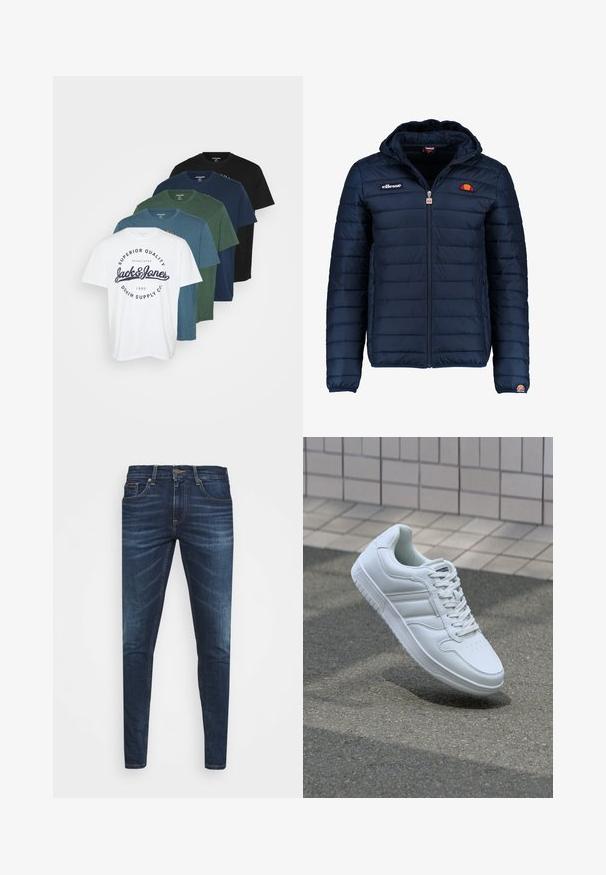 Tamsiai mėlynas pūkinis švarkas su gobtuvu, užtrauktuku, kanalų siuvimu ir logotipo akcentais krūtinėje bei rankovėje. Minkšta, tekstūruota medžiaga.; Penkių medvilninių marškinėlių rinkinys įvairių spalvų: balta, tamsiai žalia, tamsiai mėlyna, žalia melsva ir juoda. Balti marškiniai puošti logotipu.; Tamsiai mėlynos džinsinės kelnės su liesu siluetu, subtiliu nusidėvėjimu, penkiomis kišenėmis ir metaliniu mygtuku užsegimui. Įsiūtos akcentai kontrastinga spalva.; Baltos sportinės kedai su lygaus odos viršumi, raišteliais priekyje, perforuotu kojų pirštu ir raštuotu padu. Minimalistinis dizainas su trimis šoninėmis juostelėmis.