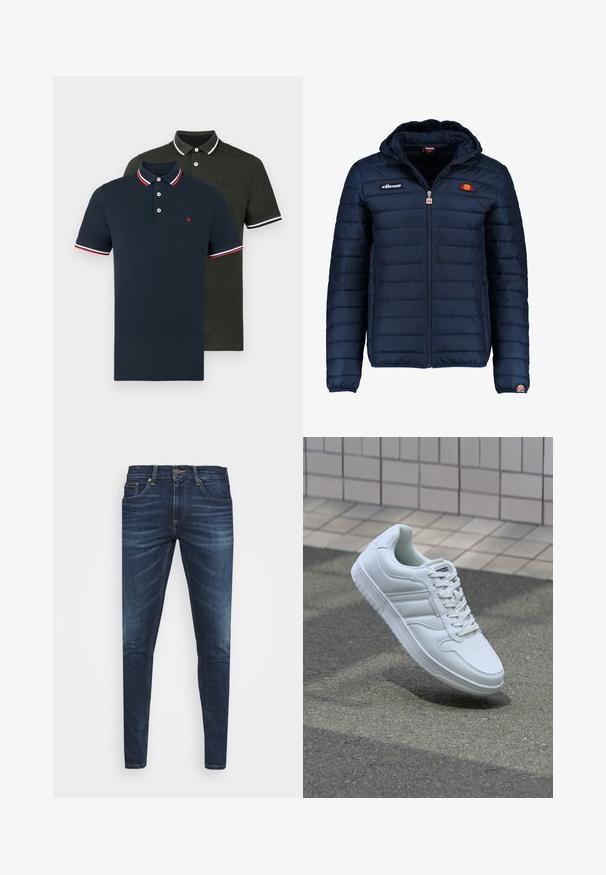 Tengerészkék puffos dzseki kapucnival, cipzáras záródással, csatorna varrással, és logóval díszített mellkassal és ujjakkal. Puha, texturált anyag.; Két polo póló: az egyik tengerészkék piros és fehér csíkozott gallérral; a másik sötétzöld, egyszínű gallérral. Mindkettőn három gomb és rövid ujj található.; Sötétkék farmernadrág, testhezálló fazonnal, finom áttűnéssel, öt zsebbel és fémből készült gombzárral. Kontrasztos színű varrási díszítések.; Fehér sportcipő sima bőr felsőrésszel, fűzős elülettel, perforált orral és mintázott talppal. Minimalista dizájn három oldalsávval.