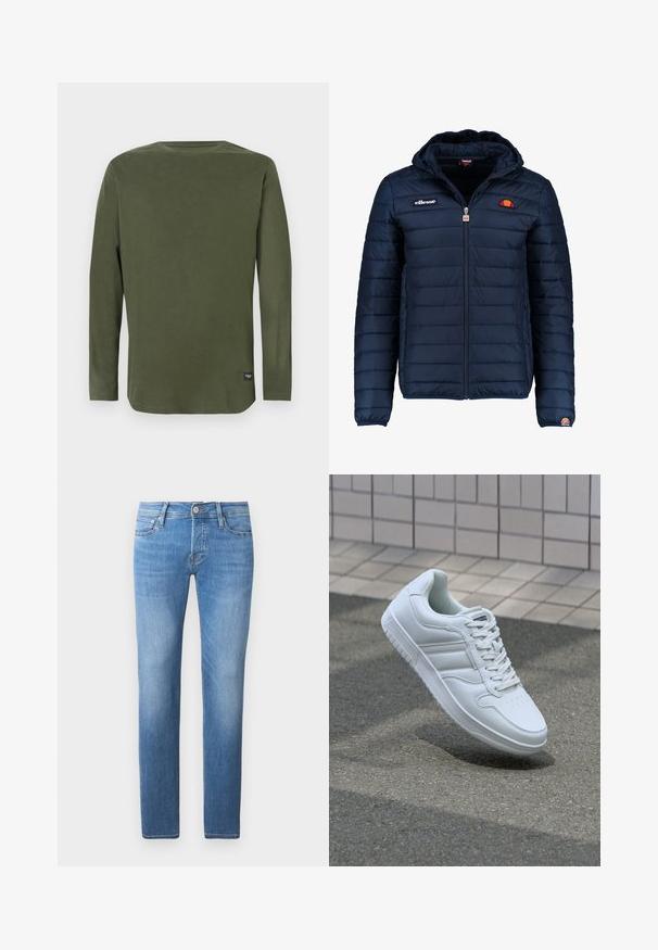 Tummansininen puhvitakki, jossa on huppu, vetoketjukiinnitys, kanavapistoilu ja logoteemaiset yksityiskohdat rinnassa ja hihassa. Pehmeä, teksturoitu kangas.; Pitkähihaisia, öljynvihreitä pyöreäkainaloisia paitoja, joissa on pieni musta etiketti alareunassa, yksinkertaisen valkoisen taustan päällä.; Vaaleansiniset farkut suoranlahkeisella leikkauksella, joissa on nappi- ja vetoketjukiinnitys, viisi taskua ja lievää kulutusta.; Valkoiset urheilukengät, joissa on sileä nahkapinta, nauhakiinnitys edessä, rei'itetty kärki ja kuvioitu pohja. Minimalistinen muotoilu, jossa on kolme sivuraitaa.