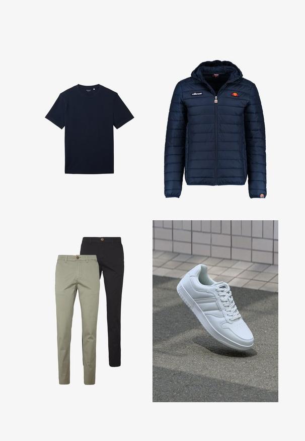Námořnická modrá péřová bunda s kapucí, zipovým zapínáním, prošívaným vzorem a logem na hrudi a rukávu. Měkká, texturovaná látka.; Námořnická bavlněná trička s krátkým rukávem, klasickým kulatým výstřihem a hladkou texturou. Jednoduchý design, bez vzorů nebo viditelných akcentů.; Dvě pary slim-fit kalhot: jedny v světle béžové bavlně s detailem knoflíku, druhé v jednobarevné černé bavlně, obě s bočními kapsami.; Bílé sportovní tenisky s hladkým koženým svrškem, šněrovacím předním dílem, perforovanou špičkou a vzorovanou podrážkou. Minimalistický design se třemi bočními pruhy.