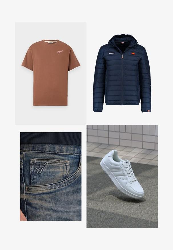 Granatowa kurtka puchowa z kapturem, zapinana na zamek, z przeszyciami w kształcie kanałów oraz akcentami loga na piersi i rękawie. Miękka, teksturowana tkanina.; Brązowa koszulka z krótkim rękawem i okrągłym dekoltem z logo "Pompeii" w białym kroju pisma na górnej lewej części klatki piersiowej.; Niebieskie dżinsy z denimu o wyblakłej fakturze, z kieszonką na monety i czarnym logo na przodzie. Pas wykonany z ciemnogranatowej dzianiny prążkowanej.; Białe sportowe trampki z gładkiej skóry, z zapięciem na sznurowadła, perforowanym noskiem i wzorzystą podeszwą. Minimalistyczny design z trzema paskami po bokach.