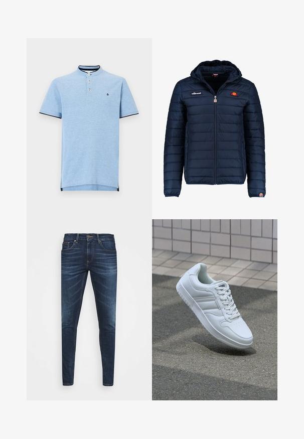 Tummansininen puhvitakki, jossa on huppu, vetoketjukiinnitys, kanavapistoilu ja logoteemaiset yksityiskohdat rinnassa ja hihassa. Pehmeä, teksturoitu kangas.; Vaaleansininen polo paita, jossa on korkea kaulus, kaksinappinen yksityiskohta ja tummansininen reunus hihoissa ja helmoissa. Pehmeä rakenne ja minimaalinen logo.; Tummansiniset farkut, joissa on slim fit -leikkaus, hienovarainen haalistuma, viisi taskua ja metallinen napitus. Kontrastiväriset ompeleet.; Valkoiset urheilukengät, joissa on sileä nahkapinta, nauhakiinnitys edessä, rei'itetty kärki ja kuvioitu pohja. Minimalistinen muotoilu, jossa on kolme sivuraitaa.