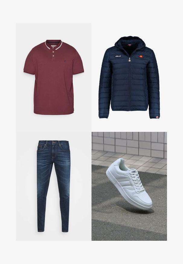 Tummansininen puhvitakki, jossa on huppu, vetoketjukiinnitys, kanavapistoilu ja logoteemaiset yksityiskohdat rinnassa ja hihassa. Pehmeä, teksturoitu kangas.; Burgundin polo-paita, joka on valmistettu puuvillasta. Siinä on klassinen kaulus, kolme nappia, valkoiset yksityiskohdat kauluksessa ja hihoissa sekä logo rinnassa.; Tummansiniset farkut, joissa on slim fit -leikkaus, hienovarainen haalistuma, viisi taskua ja metallinen napitus. Kontrastiväriset ompeleet.; Valkoiset urheilukengät, joissa on sileä nahkapinta, nauhakiinnitys edessä, rei'itetty kärki ja kuvioitu pohja. Minimalistinen muotoilu, jossa on kolme sivuraitaa.