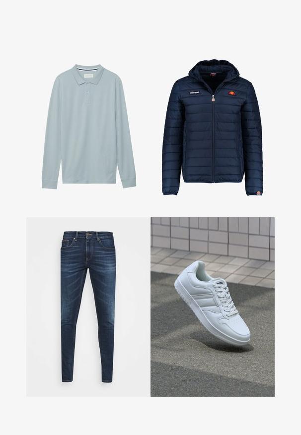 Marineblå puffjakke med hette, glidelås, kanalsøm og logoaksenter på brystet og ermet. Mykt, teksturert stoff.; Lys blå langermet polo-skjorte med flat krage, tre-knappers placket og subtil teksturert stoff. Har en stripet indre krage.; Mørkeblå denimjeans med smal passform, subtil falming, fem lommer og metallknaplukking. Sømmer i kontrastfarge.; Hvit atletisk sneaker med glatt skinnoverside, snøring foran, perforert tå og mønstrets såle. Minimalistisk design med tre side-striper.