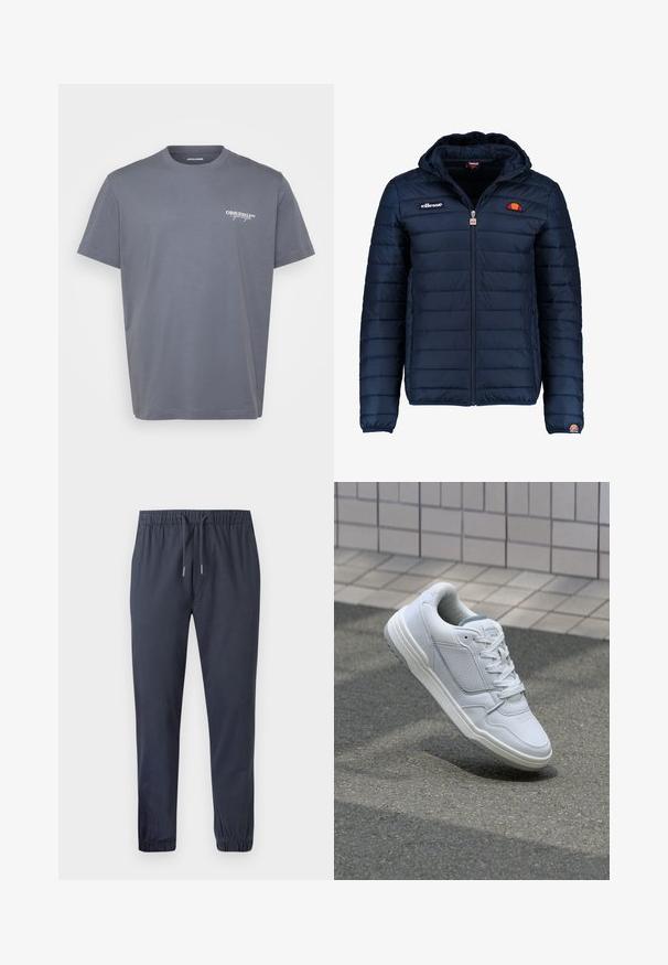 Chaqueta acolchada azul marino con capucha, cierre de cremallera, costuras en canales y acentos de logo en el pecho y la manga. Tejido suave y texturizado.; Camiseta de algodón gris con mangas cortas, cuello redondo y un pequeño logo blanco "ORIGINALS" en el lado izquierdo del pecho. Textura suave, corte clásico.; Pantalones jogger ajustados en color navy con cintura elástica, cordón y puños elásticos, hechos de una tela suave y ligera.; Zapatilla blanca de cuero con lados perforados, acentos texturizados, cordones planos y un talón gris en contraste. Presenta una suela ligeramente elevada.