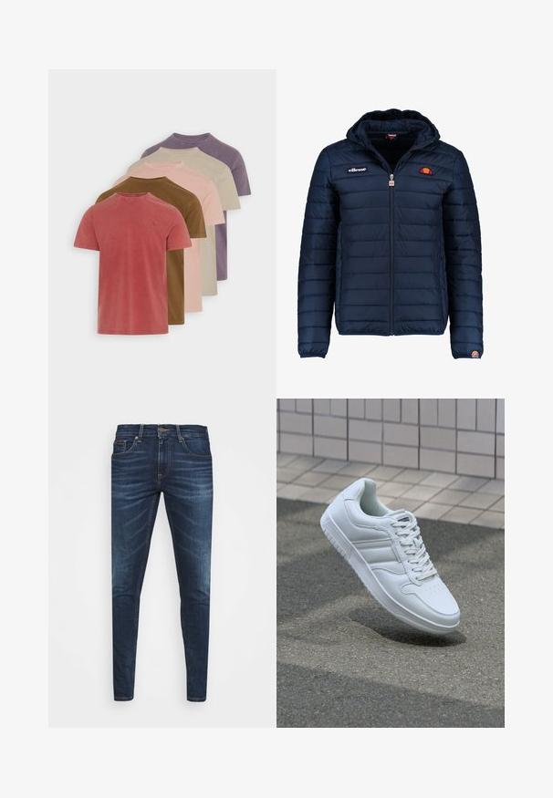 Dunkelblaue Daunenjacke mit Kapuze, Reißverschluss, Kastensteppnähten und Logo-Akzenten auf der Brust und dem Ärmel. Weicher, strukturierter Stoff.; Set aus fünf kurzärmeligen Baumwoll-T-Shirts in verschiedenen gedämpften Farben: rot, braun, rosa, beige und lila. Jedes hat einen Rundhalsausschnitt.; Dunkelblaue Jeans im Slim Fit mit subtiler Verwaschung, fünf Taschen und einem Metallknopfverschluss. Genähte Akzente in kontrastierender Farbe.; Weiße sportliche Sneaker mit Obermaterial aus glattem Leder, Schnürfront, durchlöchtem Zehenbereich und gemusterter Sohle. Minimalistisches Design mit drei Seitenstreifen.