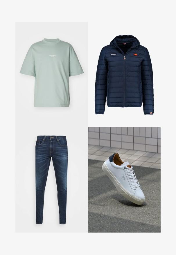 Marineblå puffjakke med hette, glidelås, kanalsøm og logoaksenter på brystet og ermet. Mykt, teksturert stoff.; Lys grønn oversized t-skjorte laget av myk bomull, med korte ermer og rund hals, som har "ORIGINALS est. 1990" trykt i hvitt.; Mørkeblå denimjeans med smal passform, subtil falming, fem lommer og metallknaplukking. Sømmer i kontrastfarge.; Hvit lærsneaker med marineblå hæl, rund tå og kontrasterende brune detaljer. Har flate lisser og teksturert gummisåle.