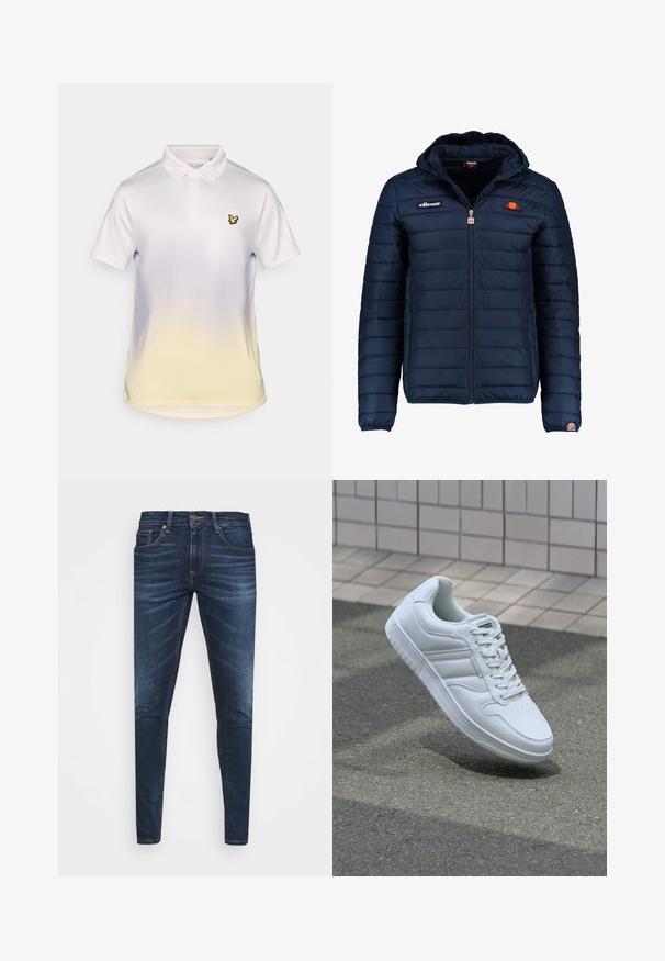 Navy blue puffer jacket with a hood, zip closure, channel stitching, and logo accents on the chest and sleeve. Soft, textured fabric.; White polo shirt featuring a yellow gradient at the bottom, a classic collar, and a small black bird logo on the left chest.; Dark blue denim jeans with a slim fit, subtle fade, five pockets, and a metal button closure. Stitched accents in contrasting color.; White athletic sneaker with smooth leather upper, lace-up front, perforated toe, and patterned sole. Minimalist design with three side stripes.