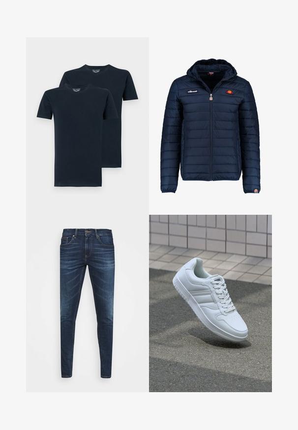 Granatowa kurtka puchowa z kapturem, zapinana na zamek, z przeszyciami w kształcie kanałów oraz akcentami loga na piersi i rękawie. Miękka, teksturowana tkanina.; Dwie granatowe koszulki z krótkim rękawem wykonane z gładkiej bawełny, z okrągłym dekoltem i prostym, jednolitym wzorem.; Granatowe dżinsy o slim fit, delikatnym wyblaknięciu, pięciu kieszeniach i metalowym zapięciem. Haftowane akcenty w kontrastowym kolorze.; Białe sportowe trampki z gładkiej skóry, z zapięciem na sznurowadła, perforowanym noskiem i wzorzystą podeszwą. Minimalistyczny design z trzema paskami po bokach.