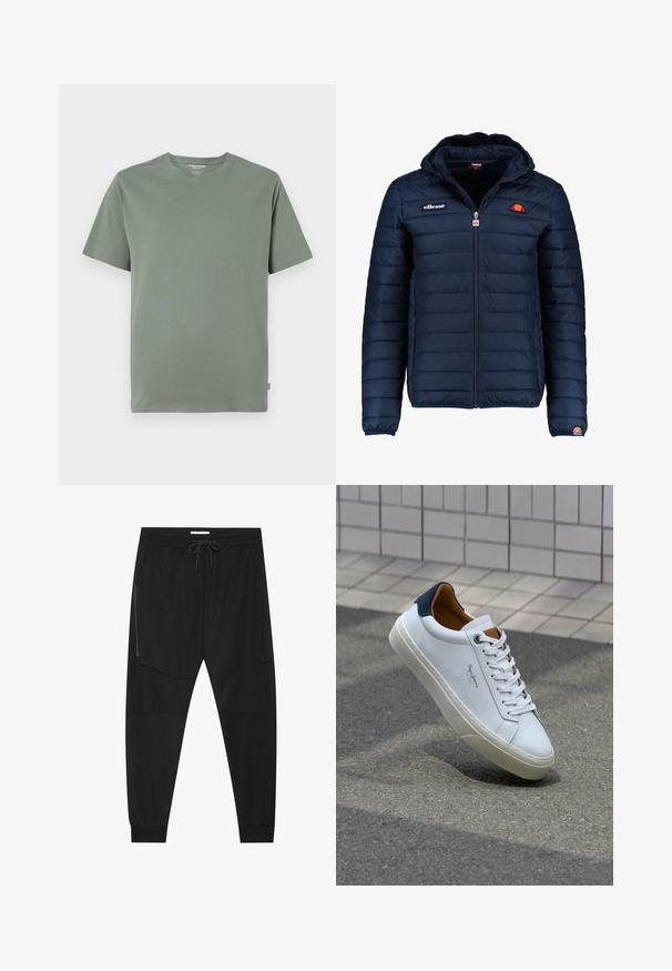 Tums zilā puffer jaka ar kapuci, rāvējslēdzēja aizdare, kanālu šuvēm un logotipa akcentiem uz krūtīm un piedurknēm. Mīksta, teksturēta auduma.; Īsām piedurknēm T-krekls gaiši zaļā krāsā, izgatavots no mīksta auduma, ar apaļu kakla izgriezumu un šuvēm, bez redzamām rakstu vai dizainu detaļām.; Melnas sporta bikses, izgatavotas no teksturēta auduma, ar regulējamu jostu, ar rāvējslēdzēju sānu kabatu un sašaurinātiem galiem.; Baltas ādas čības ar tumši zilu papēdi, apaļu purngalu un kontrastējošām brūnām detaļām. Aprīkotas ar plakanu auklu un struktūrētu gumijas zoli.