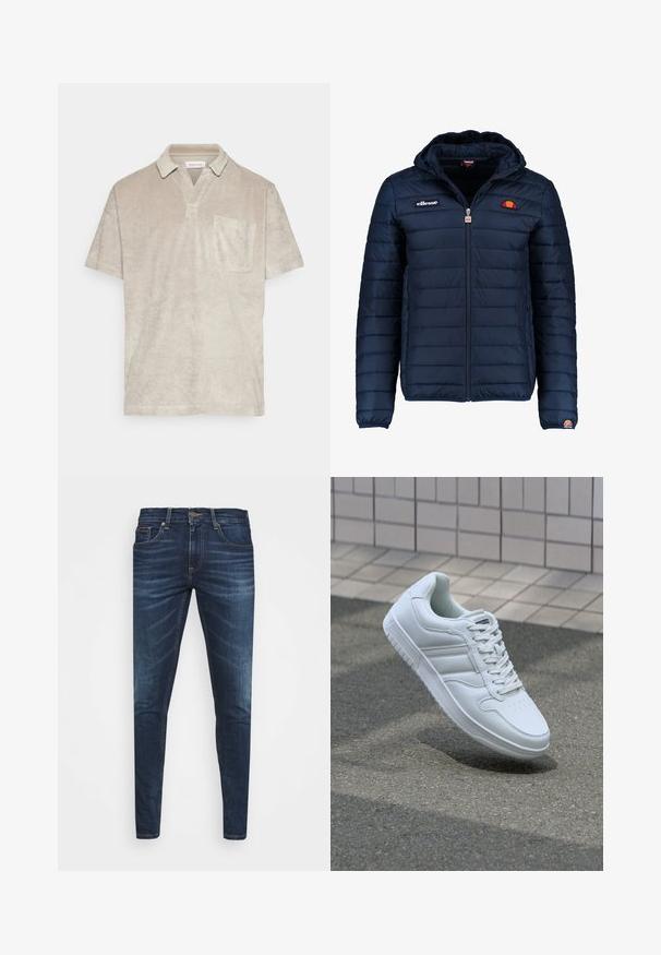 Mørkeblå puffjakke med hætte, lynlåslukning, kanalstyret syning og logo-detaljer på brystet og ærmet. Blødt, struktureret stof.; Beige kortærmet polo-shirt i blød, tekstureret stof med krave og en enkelt brystlomme.; Mørkeblå denim jeans med slim fit, subtil falming, fem lommer og metalknaplukning. Syede detaljer i kontrastfarve.; Hvide atletiske sneakers med glat læderoverdel, snørelukning foran, perforeret tå og mønstret sål. Minimalistisk design med tre sidelister.