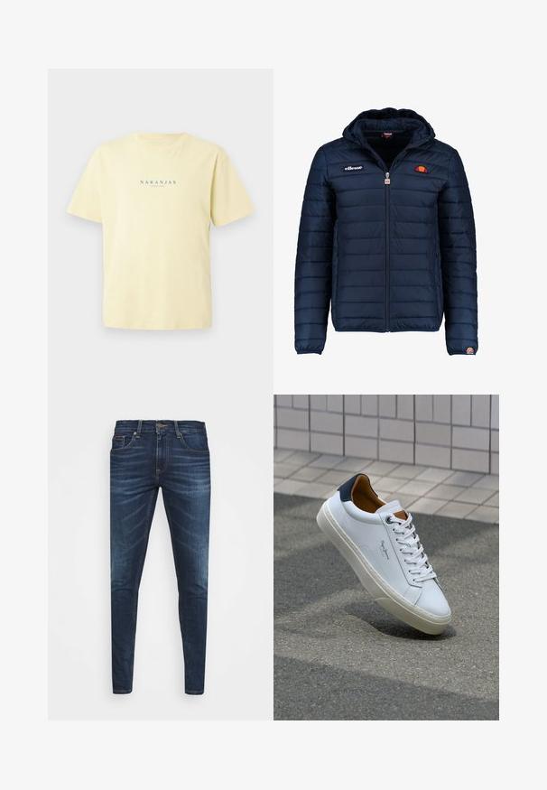 Tamsiai mėlynas pūkinis švarkas su gobtuvu, užtrauktuku, kanalų siuvimu ir logotipo akcentais krūtinėje bei rankovėje. Minkšta, tekstūruota medžiaga.; Šviesiai geltona medvilninė marškinė su trumpomis rankovėmis ir apvaliu iškirpimu. Ant krūtinės yra mėlynas užrašas "NARANJAS".; Tamsiai mėlynos džinsinės kelnės su liesu siluetu, subtiliu nusidėvėjimu, penkiomis kišenėmis ir metaliniu mygtuku užsegimui. Įsiūtos akcentai kontrastinga spalva.; Balti odiniai sportbačiai su mėlynu kulnu, apvalia nosimi ir kontrastingais rudais akcentais. Aptakios raišteliai ir tekstūruota guma.