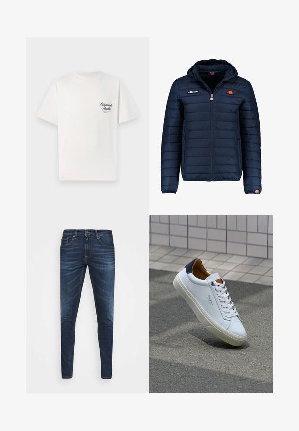 Navy blue puffer jacket with a hood, zip closure, channel stitching, and logo accents on the chest and sleeve. Soft, textured fabric.; White cotton t-shirt with short sleeves, featuring a small navy blue printed logo on the left chest area. Classic crew neck design.; Dark blue denim jeans with a slim fit, subtle fade, five pockets, and a metal button closure. Stitched accents in contrasting color.; White leather sneaker with a navy heel, round toe, and contrasting brown accents. Features flat laces and textured rubber sole.