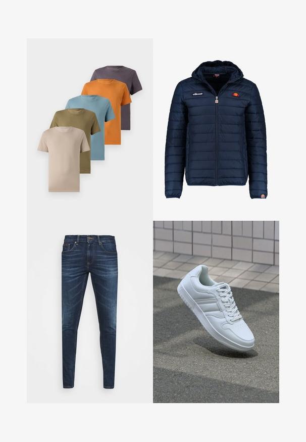 Jachetă puffer de culoare bleumarin, cu glugă, închidere cu fermoar, cusături în canale și detalii cu logo pe piept și pe mânecă. Material moale, texturat.; Cinco tricouri cu guler rotund expuse într-o linie, având culorile bej, verde măsliniu, albastru deschis, portocaliu și mov închis. Textură de țesătură netedă.; Jeans din denim de culoare albastră închisă, cu o croială slim, ușor decolorate, cinci buzunare și închidere cu buton metalic. Detalii cusute în culori contrastante.; Adidași albi pentru sport cu superior din piele netedă, sistem de șireturi în față, vârf perforat și talpă cu model. Design minimalist cu trei dungi laterale.