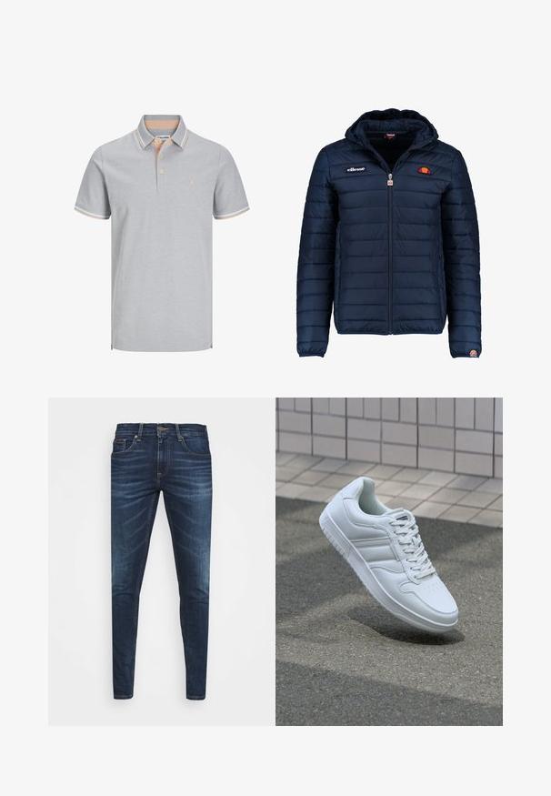 Marineblå puffjakke med hette, glidelås, kanalsøm og logoaksenter på brystet og ermet. Mykt, teksturert stoff.; Lys grå piké med krage, to-knaps placket og kontrasterende ferskenstriper på kragen og ermene. Enkel logodekor.; Mørkeblå denimjeans med smal passform, subtil falming, fem lommer og metallknaplukking. Sømmer i kontrastfarge.; Hvit atletisk sneaker med glatt skinnoverside, snøring foran, perforert tå og mønstrets såle. Minimalistisk design med tre side-striper.