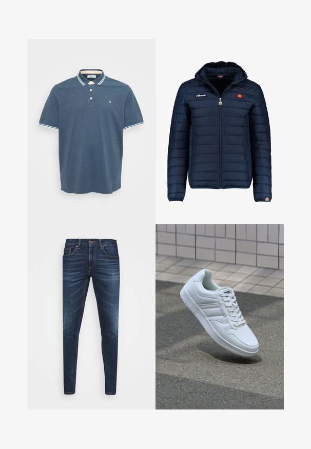 Mørkeblå puffjakke med hætte, lynlåslukning, kanalstyret syning og logo-detaljer på brystet og ærmet. Blødt, struktureret stof.; Herre blå kortærmet polo skjorte med hvid og lyseblå stribede krave og ærmekanter, tre frontknapper og lille logo på brystet.; Mørkeblå denim jeans med slim fit, subtil falming, fem lommer og metalknaplukning. Syede detaljer i kontrastfarve.; Hvide atletiske sneakers med glat læderoverdel, snørelukning foran, perforeret tå og mønstret sål. Minimalistisk design med tre sidelister.