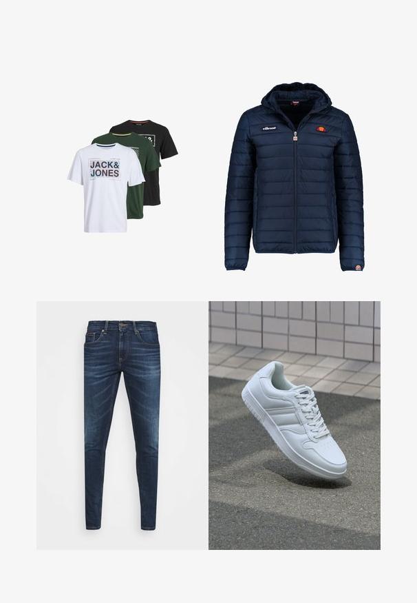 Mørkeblå puffjakke med hætte, lynlåslukning, kanalstyret syning og logo-detaljer på brystet og ærmet. Blødt, struktureret stof.; Tre kortærmede t-shirts i hvid, grøn og sort, med grafiske tryk der viser teksten "JACK & JONES" i forskellige stilarter og farver.; Mørkeblå denim jeans med slim fit, subtil falming, fem lommer og metalknaplukning. Syede detaljer i kontrastfarve.; Hvide atletiske sneakers med glat læderoverdel, snørelukning foran, perforeret tå og mønstret sål. Minimalistisk design med tre sidelister.