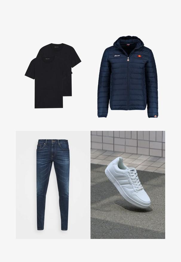 Tengerészkék puffos dzseki kapucnival, cipzáras záródással, csatorna varrással, és logóval díszített mellkassal és ujjakkal. Puha, texturált anyag.; Két fekete, kerek nyakú póló egymásra rakva. Puha pamutból készült, rövid ujjú, egyszerű dizájnnal, minták vagy díszítmények nélkül.; Sötétkék farmernadrág, testhezálló fazonnal, finom áttűnéssel, öt zsebbel és fémből készült gombzárral. Kontrasztos színű varrási díszítések.; Fehér sportcipő sima bőr felsőrésszel, fűzős elülettel, perforált orral és mintázott talppal. Minimalista dizájn három oldalsávval.