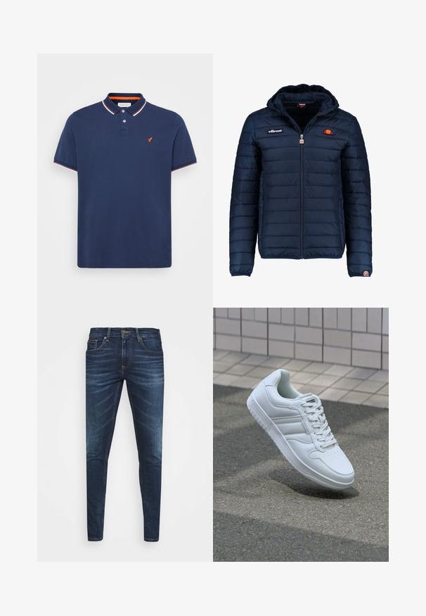 Tummansininen puhvitakki, jossa on huppu, vetoketjukiinnitys, kanavapistoilu ja logoteemaiset yksityiskohdat rinnassa ja hihassa. Pehmeä, teksturoitu kangas.; T-paita tummansininen, valmistettu puuvillasta, jossa on kahden napin napitus, lyhyet hihat ja erottuva punavalkoinen kauluskoriste. Sisältää pienen oranssin logon.; Tummansiniset farkut, joissa on slim fit -leikkaus, hienovarainen haalistuma, viisi taskua ja metallinen napitus. Kontrastiväriset ompeleet.; Valkoiset urheilukengät, joissa on sileä nahkapinta, nauhakiinnitys edessä, rei'itetty kärki ja kuvioitu pohja. Minimalistinen muotoilu, jossa on kolme sivuraitaa.