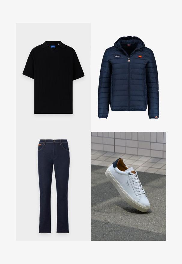 Tumedat sinised puffer jakk kapuutsiga, lukuga suletav, kanalite õmblustega ning logo aktsentidega rinnal ja varrukal. Pehme, tekstuuriga kangas.; Must värviga lühikeste varrukatega polo särk V-kaelusega, millel on sooniline tekstuur ja peened vertikaalsed triibud. Silt kaelaosas.; Tumed sinised teksad sirge säärega, millel on oranž õmblus, viis taskut ja nööpkinnitus vöökoht.; Valge nahast tennis, millel on tumesinine konts, ümmargune nina ja kontrastsed pruuni aktsendid. Omab lamepaelti ja tekstureeritud kummist tallat.