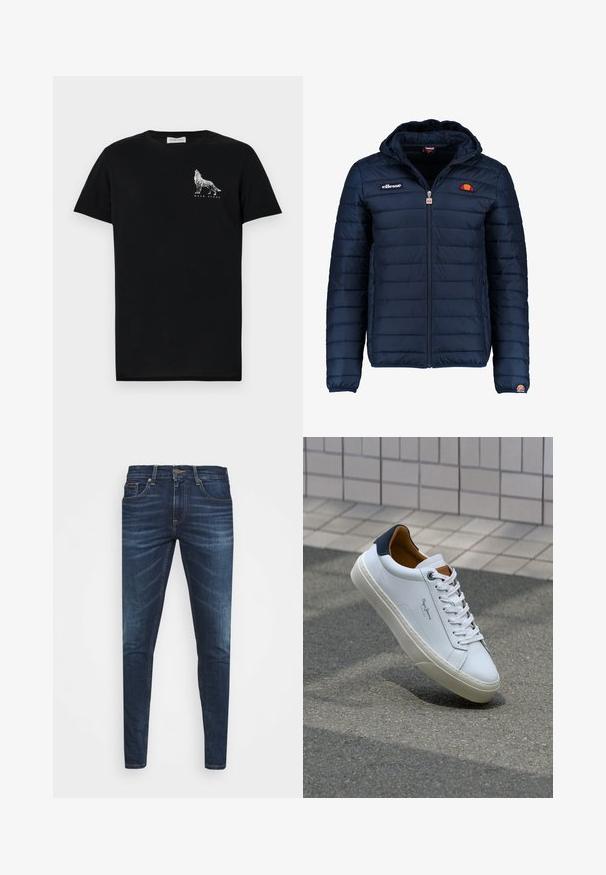 Marineblå puffjakke med hette, glidelås, kanalsøm og logoaksenter på brystet og ermet. Mykt, teksturert stoff.; Svart kortermet bomull T-skjorte med et hvitt ulv grafikk og teksten "WALK ALONE" på forsiden.; Mørkeblå denimjeans med smal passform, subtil falming, fem lommer og metallknaplukking. Sømmer i kontrastfarge.; Hvit lærsneaker med marineblå hæl, rund tå og kontrasterende brune detaljer. Har flate lisser og teksturert gummisåle.