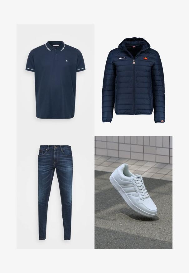 Tumedat sinised puffer jakk kapuutsiga, lukuga suletav, kanalite õmblustega ning logo aktsentidega rinnal ja varrukal. Pehme, tekstuuriga kangas.; Tumesinine polo särk, mis on valmistatud tekstuuriga kangast, klassikalise kraega, kolme nupuga ning valge äärisega varrukatel ja krael. Väike logo rinnal.; Tumedat sinised teksad kitsas lõikes, kerge kulumisega, viie taskuga ja metallnööbiga sulgemine. Õmmeldud aktsendid kontrastsetes värvides.; Valge spordijalanõud silederja nahkvarrega, ninast paeltega, perforatsiooni tõttu ventilatsiooniga ning mustrilise tallaga. Minimalistlik disain, millel on kolm külgmist triipu.