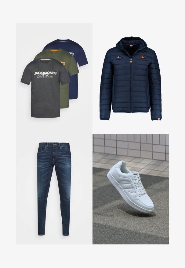 Temno modra napihnjena jakna s kapuco, z zadrgo, kanalnim šivom in logotipom na prsih in rokavu. Mehka, teksturirana tkanina.; Jack & Jones JJALVIS TEE CREW NECK 3 PACK - Potiskana majica - kombu green/navy blazer/black; Temno modri kavbojke ozkega kroja, s subtilnim bledenjem, petimi žepi in kovinskim zapiranjem na gumb. Oštrikanje z akcenti v kontrastni barvi.; Bela atletska teniska obutev z gladkim usnjenim zgornjim delom, vezanjem spredaj, perforiranim prstom in vzorčastim podplatom. Minimalistična zasnova s tremi stranskimi črtami.