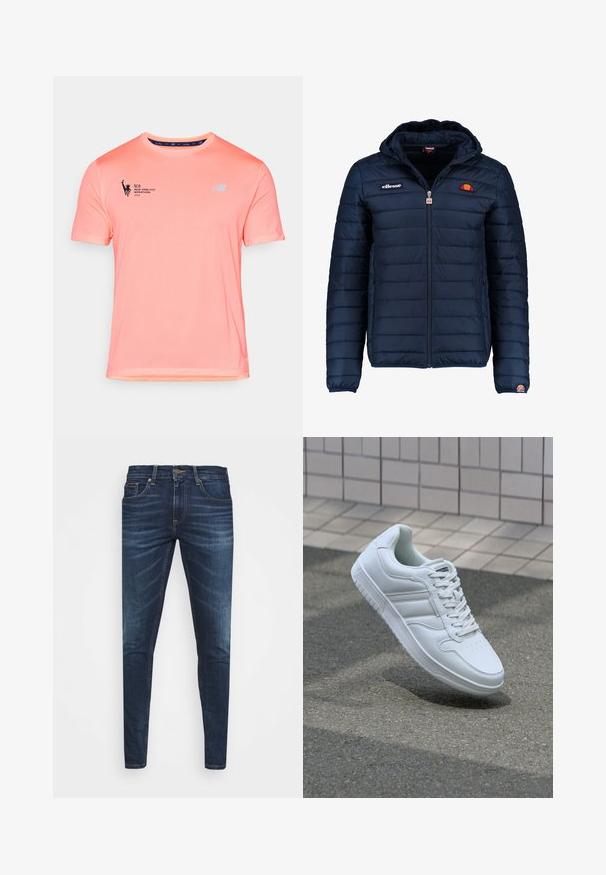 Tumedat sinised puffer jakk kapuutsiga, lukuga suletav, kanalite õmblustega ning logo aktsentidega rinnal ja varrukal. Pehme, tekstuuriga kangas.; Kerge, lühikeste varrukatega jooksusärk erksas roosas, millel on tekstureeritud pind, New Balance'i logo ja trükis "TCS New York City Marathon 2025".; Tumedat sinised teksad kitsas lõikes, kerge kulumisega, viie taskuga ja metallnööbiga sulgemine. Õmmeldud aktsendid kontrastsetes värvides.; Valge spordijalanõud silederja nahkvarrega, ninast paeltega, perforatsiooni tõttu ventilatsiooniga ning mustrilise tallaga. Minimalistlik disain, millel on kolm külgmist triipu.