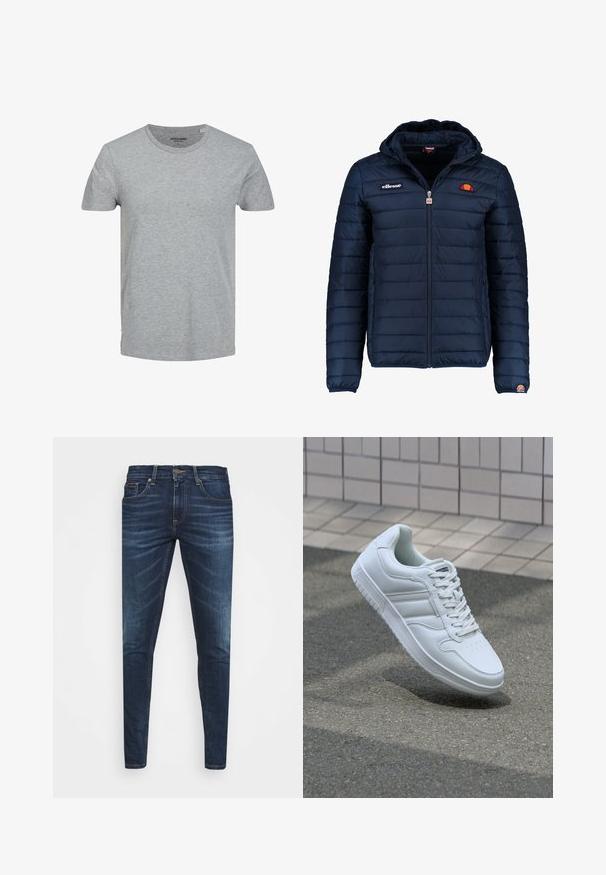 Navy blue puffer jacket with a hood, zip closure, channel stitching, and logo accents on the chest and sleeve. Soft, textured fabric.; Gray short-sleeve T-shirt made of soft cotton. Features a classic crew neckline and a regular fit. Simple design with no patterns or accents.; Dark blue denim jeans with a slim fit, subtle fade, five pockets, and a metal button closure. Stitched accents in contrasting color.; White athletic sneaker with smooth leather upper, lace-up front, perforated toe, and patterned sole. Minimalist design with three side stripes.