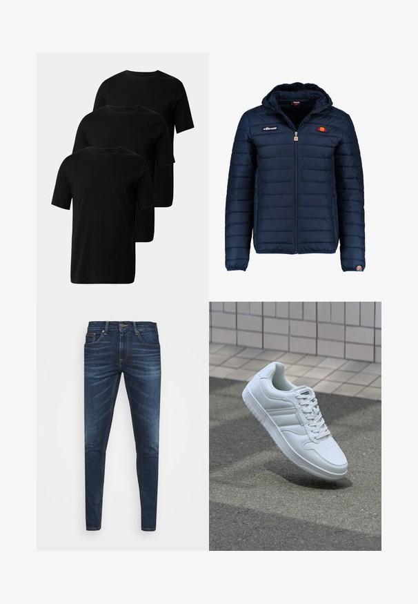 Tummansininen puhvitakki, jossa on huppu, vetoketjukiinnitys, kanavapistoilu ja logoteemaiset yksityiskohdat rinnassa ja hihassa. Pehmeä, teksturoitu kangas.; Kolme mustaa puuvillapaitaa, joissa on lyhyet hihat ja pyöreät kaula-aukot, joissa on sileä pinta eikä koristeita.; Tummansiniset farkut, joissa on slim fit -leikkaus, hienovarainen haalistuma, viisi taskua ja metallinen napitus. Kontrastiväriset ompeleet.; Valkoiset urheilukengät, joissa on sileä nahkapinta, nauhakiinnitys edessä, rei'itetty kärki ja kuvioitu pohja. Minimalistinen muotoilu, jossa on kolme sivuraitaa.